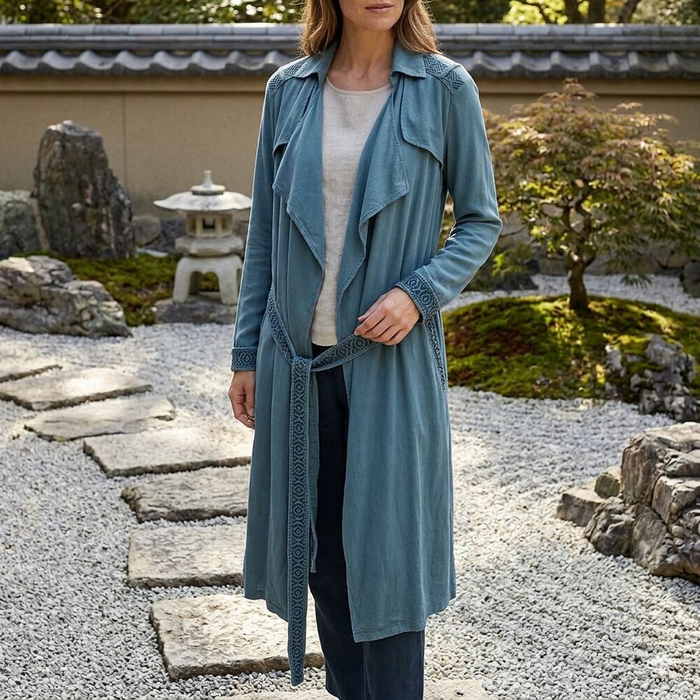 POL Lightweight Embroidered Aztec Teal Midi Trench Duster Coat Size - Small NEW